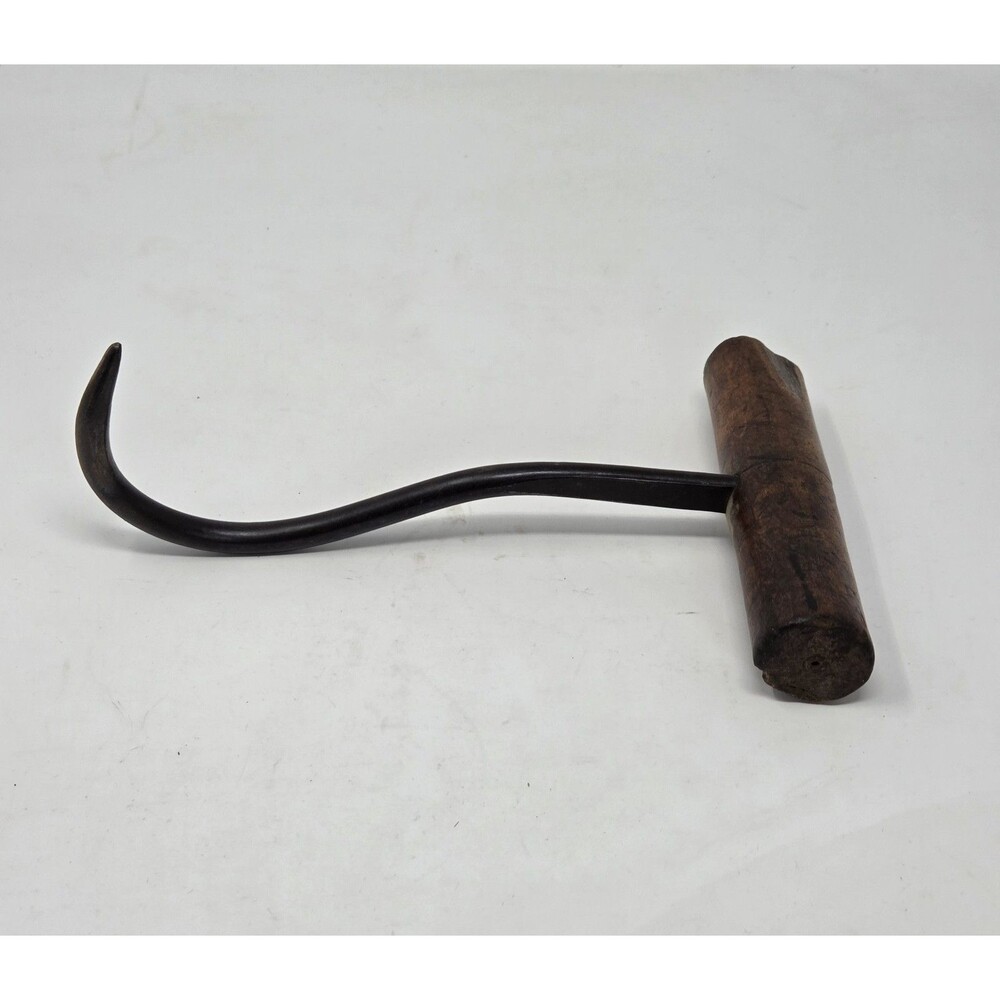 Antique Hay Bale Hook T-Handle Hand Forged Iron Wood Primitive Farm Tool 9"